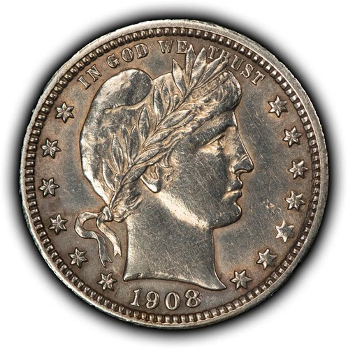 1908-D 25c Silver Barber Quarter - AU/UNC Dets - SKU-Y6374