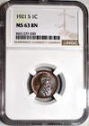 NGC MS-63 BN 1921-S Lincoln Cent, Attractively Toned, Blazing specimen!