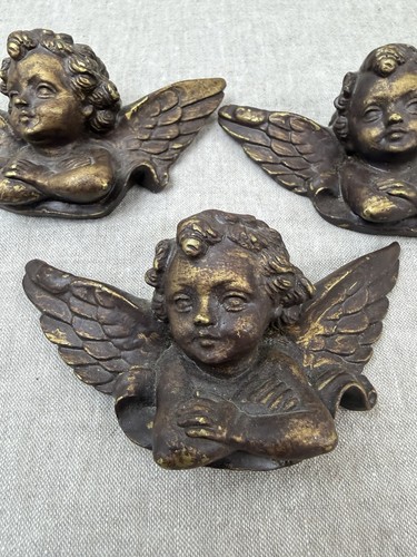 Gold /Bronze Tone Winged Cherub Angel Resin Wall Hangings 5" Wide Paris Lot of 3