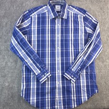 David Donahue Shirt Large Blue Plaid Long Sleeve Button Up Cotton