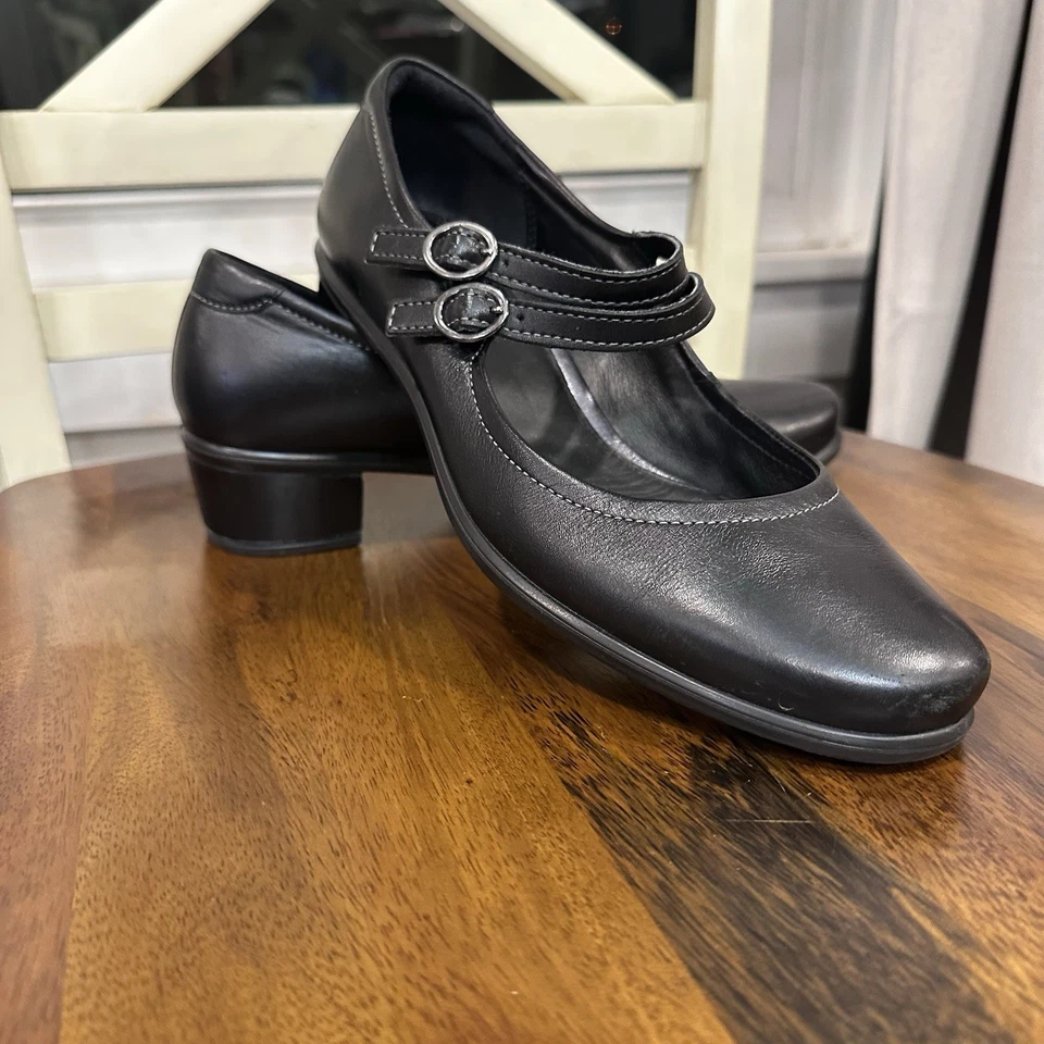 Ecco Mujer Perla Mary Jane EU 38 US 7 Cuero Negro Doble Correa Tacón Bloque Foto 3 de 4