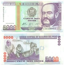 PERU NOTE 5000 INTIS 1988 P 137 XF