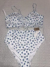 PINK VS 2 Piece Top Bottom bikini Medium M Swimwear White Blue Floral Resort SEE