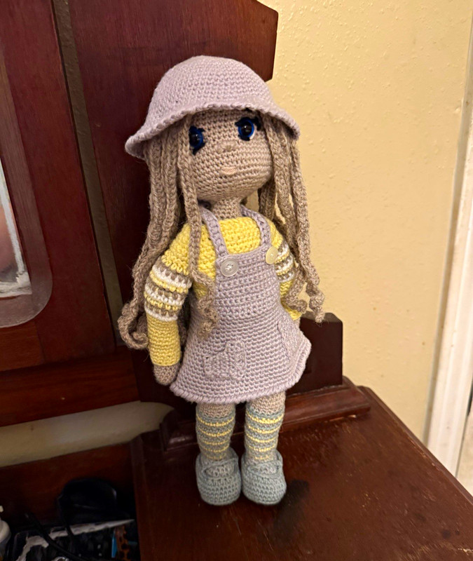 Handmade Crocheted Rag Doll Girl w/ Hat, Yarn Hair, Sweater, Dress, Leggings
