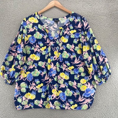 Talbots Top Womens 2X Plus Navy Multi Floral Pleated Front V Neck 3/4 Sleeves