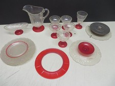 Banner Child Toy Play Desert Cups Pitcher Plates Red  Clear 1950's 15 Pieces