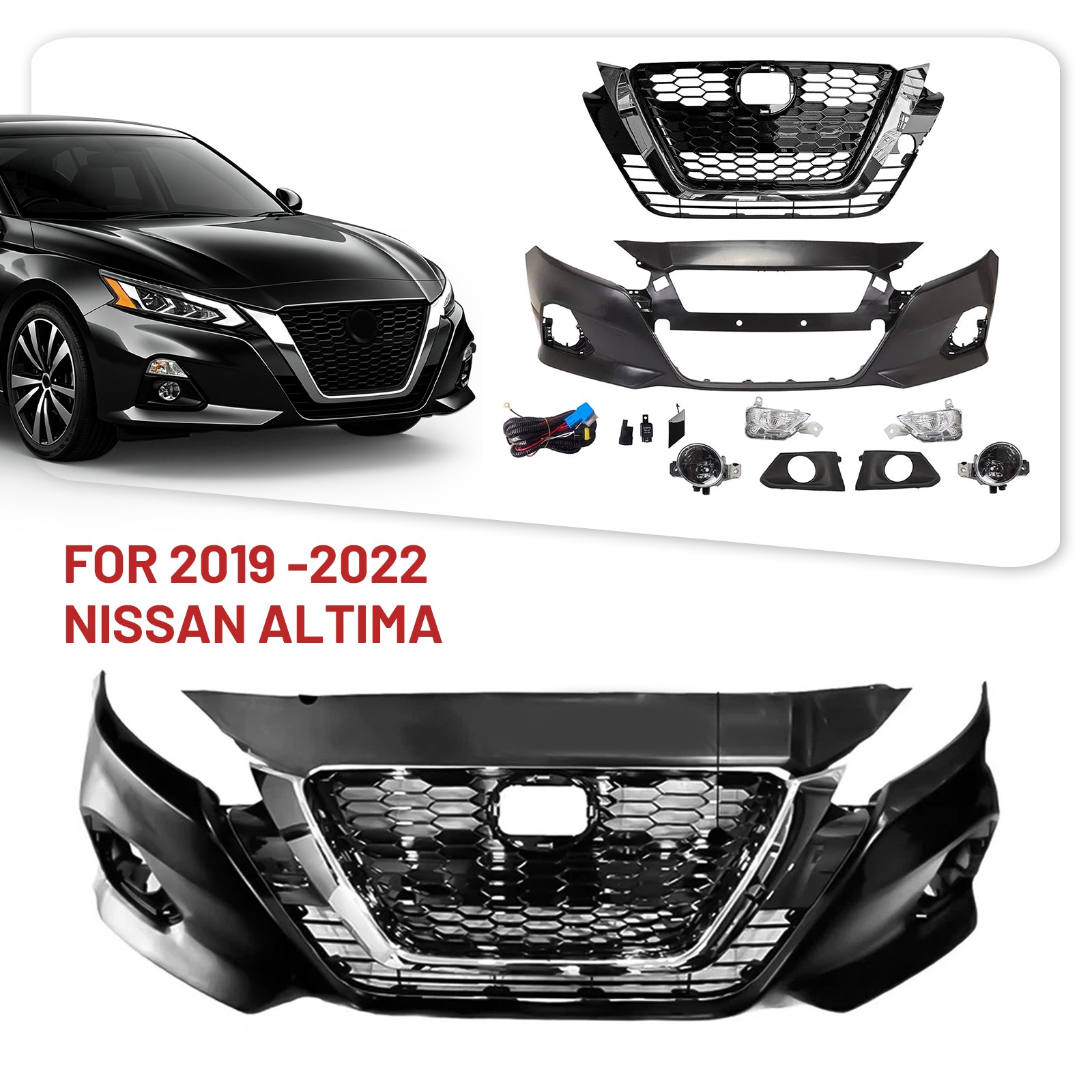 Front Bumper Cover Grill Fog Light Kit For 2019 2020 2021 2022 Nissan Altima