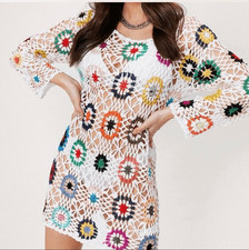 Nasty Gal Bright of Way Crochet Granny Square Open Weave Mini Dress Swim Cover U