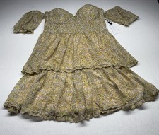 ASTR The Label Yellow Floral Tiered Mini Dress Sweetheart Puff Sleeve Smocked