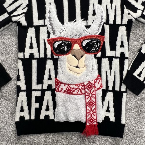 Hässlicher Weihnachtspullover Unisex S schwarz weiß FaLaLa Lama 3D Strukturstrick - Bild 2 von 8