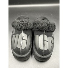 UGG DISQUETTE LOGO PLATFORM SLIPPER CLOG SUEDE / WOOL SANDAL Black WOMENS US 8