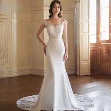 Elegant Mermaid Applique Wedding Dresses Classic Satin Bride Dresses Cap Sleeves