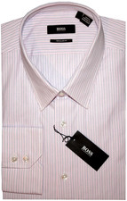  285 NEW HUGO BOSS DRESS SHIRT 16 36/37 PALE PINK WHITE NAVY BLUE STRIPE