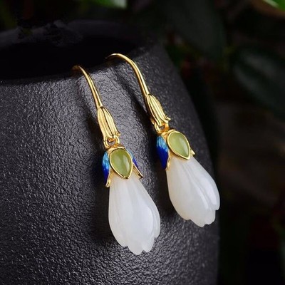 Jade Magnolia Earrings Enamel Drop Dangle Hook Jewelry Chinese Style for Women
