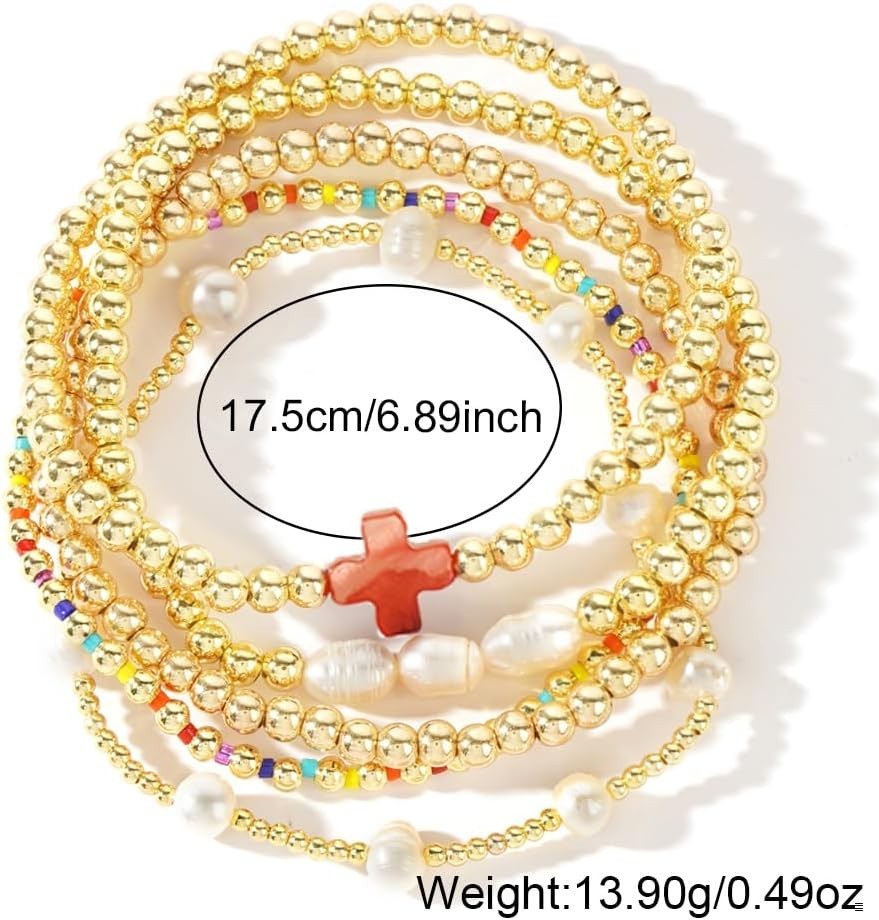 Vibrant Boho Colorful Stretch Bracelets Stack with Pearl Cross Charm - 7 Inch image 10