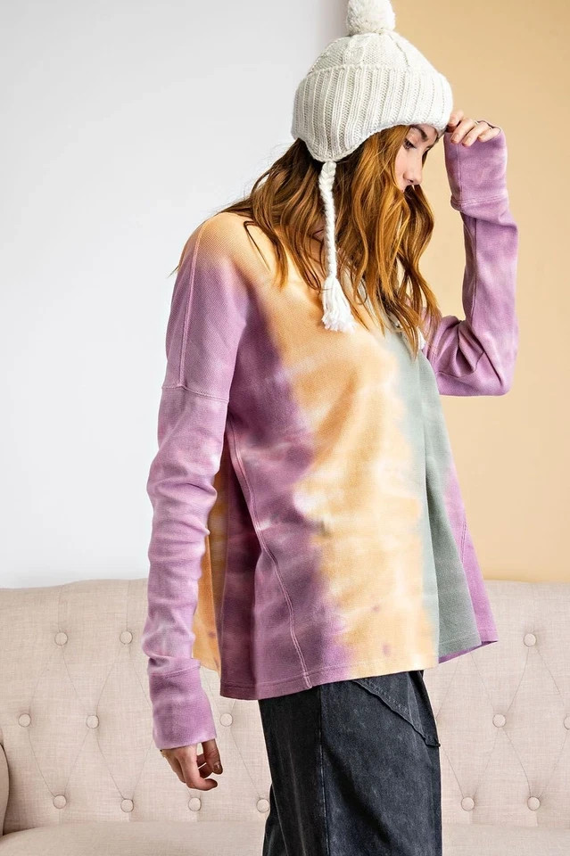 SIZE S EASEL CAMEL/OLIVE MIX "SUNSET DREAMS" OMBRE DYE PULLOVER Top/Shirt BHCS