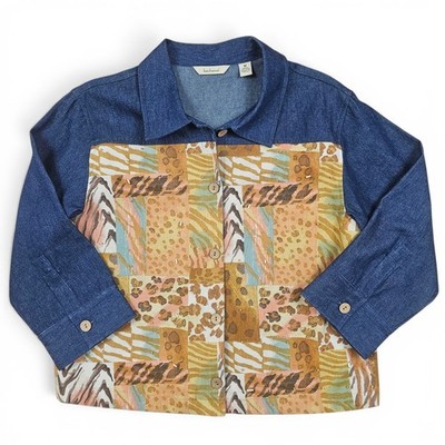 BECHAMEL Denim Button Front Shacket Women's M VTG Y2K  Animal Print Patchwork