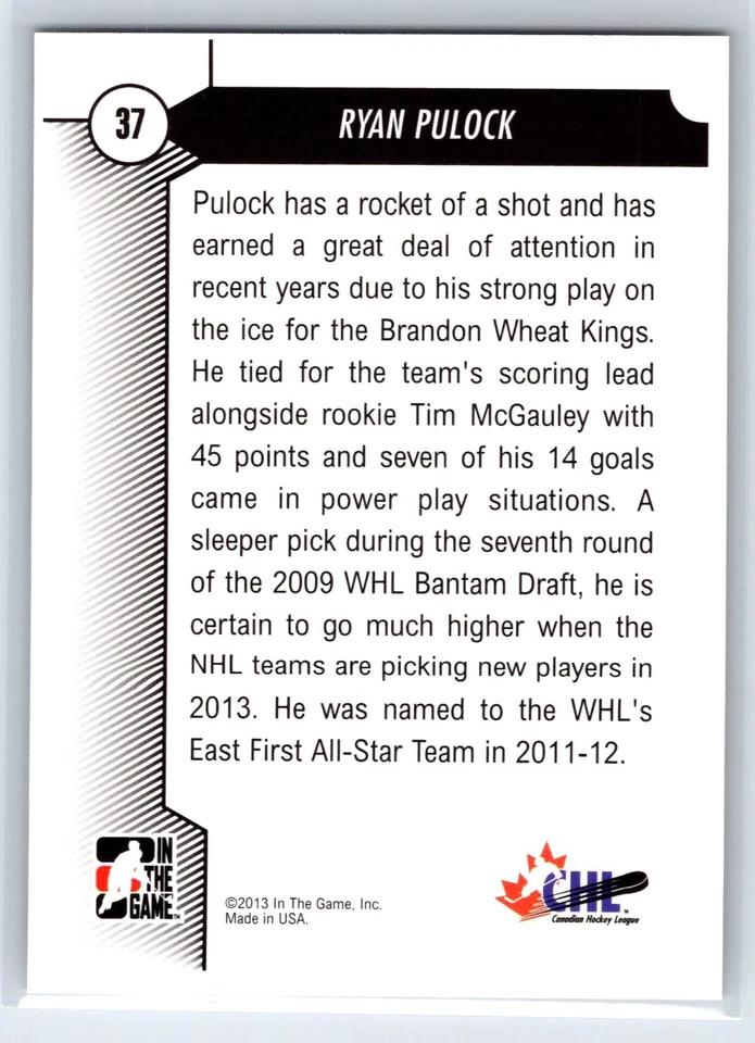 2012-13 In The Game Draft Prospects Ryan Pulock Rookie RC #37 - Image 2 of 2