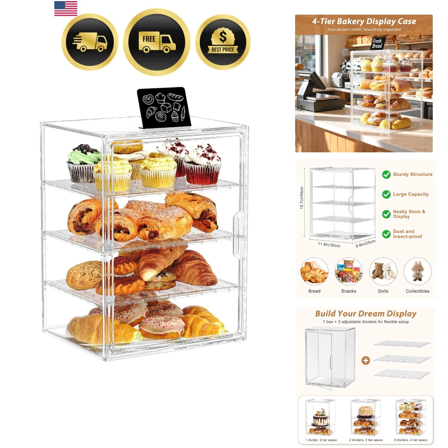 Bread Box, 4-Layers Adjustable Pastry Display Case, Clear Breadbox with Displ...