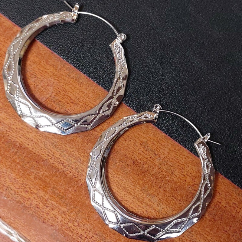 2 Big Gold Plated Creole Hoop Earrings – Diamond Bamboo Pattern, Retro Gypsy Style, Statement Hoops 5 thumbnail image