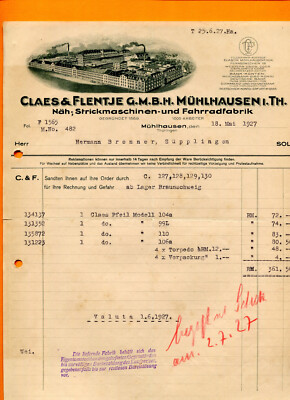 Rechnung 1927 Claes & Flentje, Fahrrad, Näh u. Strickmaschinenfabrik, Mühlhausen