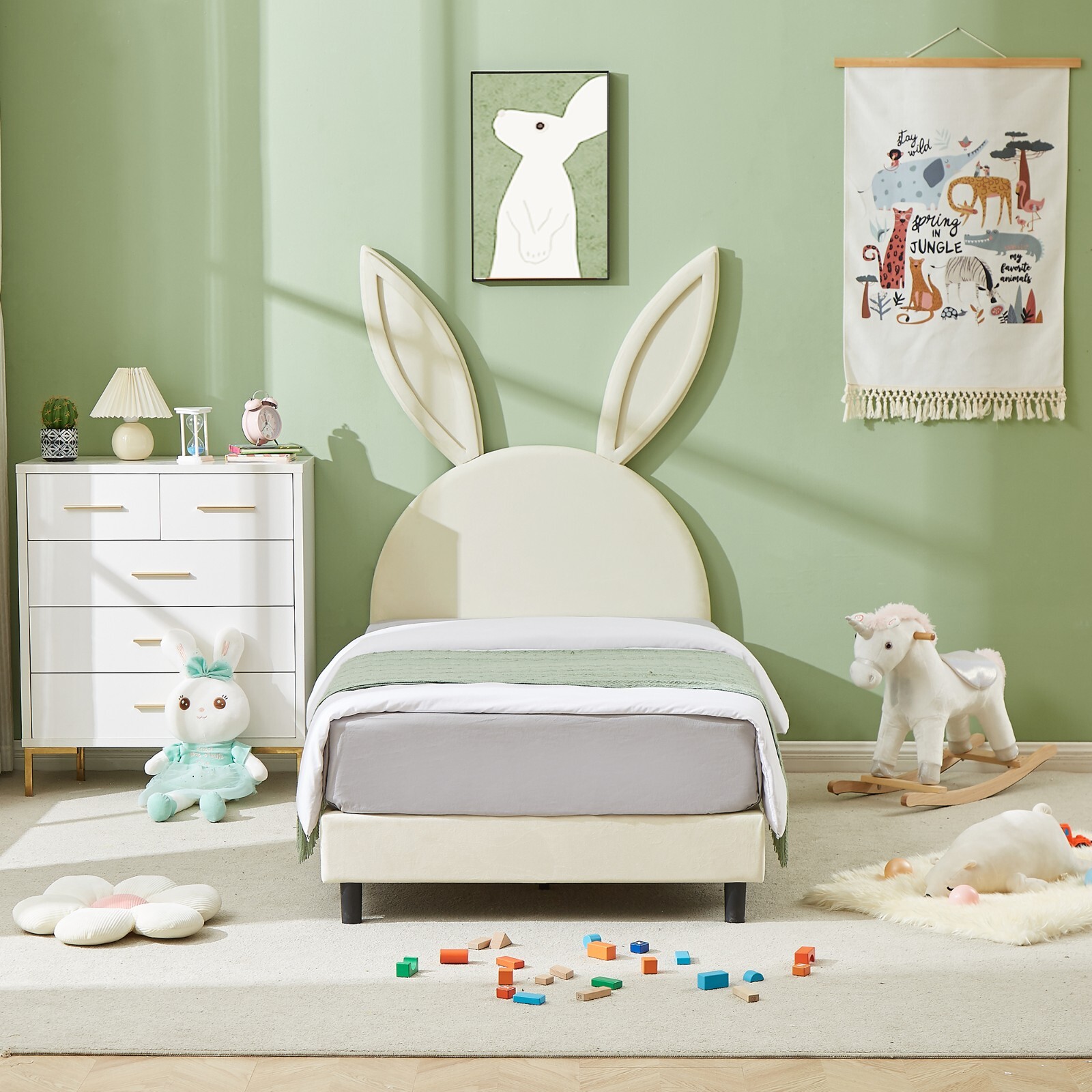 Kids Upholstered Bed W/ Rabbit Ear Headboard Cute
