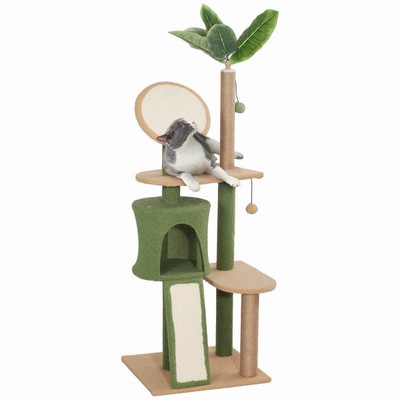 55 Inch Cat Tree Indoor Condo with Green Leaves Scratching Posts Dangling Balls