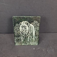 Vintage Verdite Stone Paperweight Etched African Lion by Artist H. Methule 1995