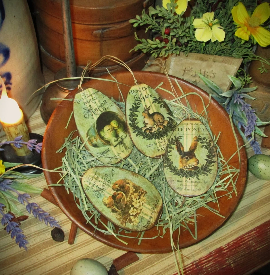 4 huevos de madera primitivos Ornie Pascua primavera pollito pájaro conejo conejito casa de campo Foto 2 de 4