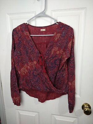 Hollister Woman XS Blouse Wrap Tasseled Front Close Long Paisley Red Elephant...