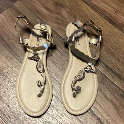 Lucky Brand Metallic Gold Seahorse Sandals Thong Ankle Strap S7