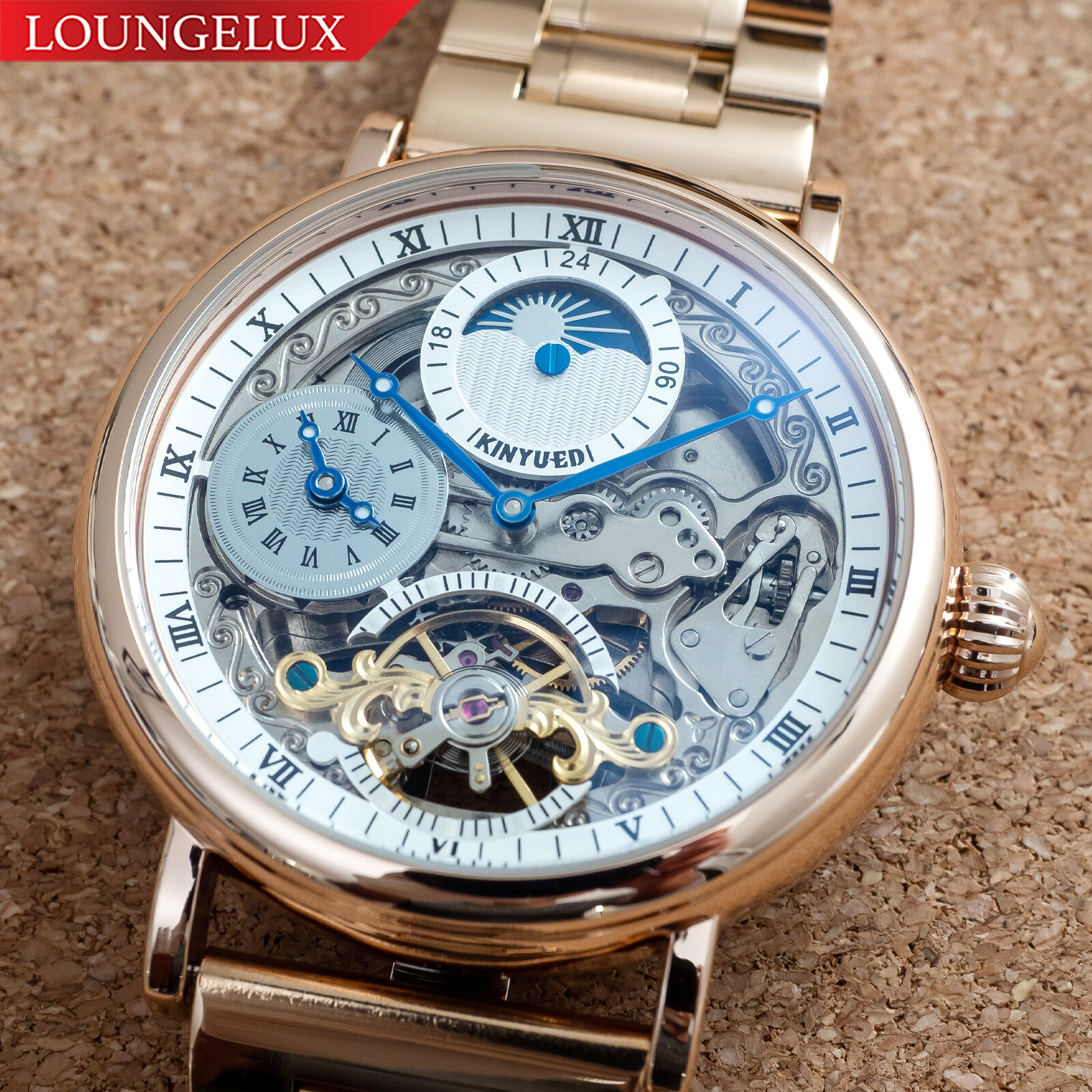 Mens Rose Gold Dual Time Skeleton Automatic Mechanical Watch Stainless Steel