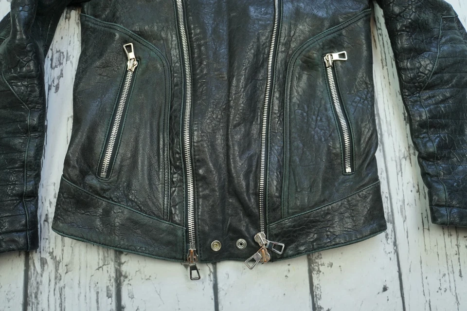 Chaqueta de cuero de motociclista BALMAIN x H&M negra granulada acolchada con cremalleras EUR 46 Foto 3 de 4