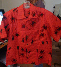 NOS 60's "Made In Hawaii" SHIRT JAC Red  Loop Collar  Palm Trees  Torches M