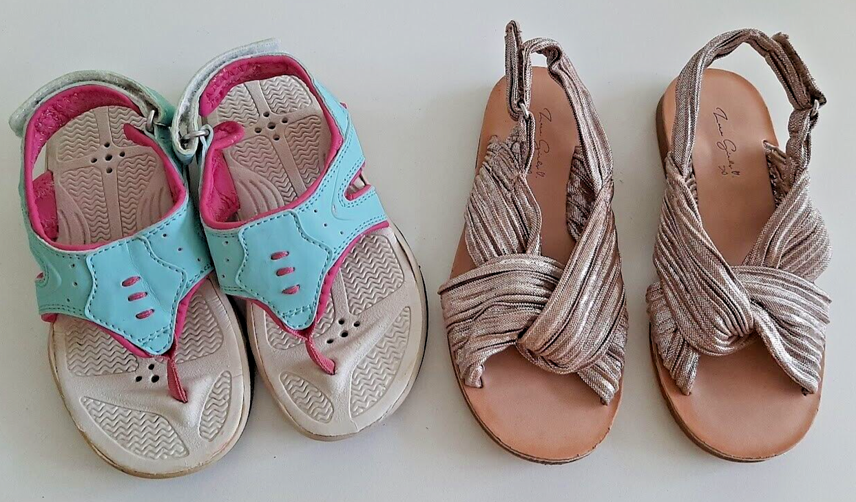 Lotto 2 sandali bambina punta aperta slides nodo Zara oro rosa 12 perizoma Khombu taglia 11