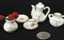 Vtg. Dollhouse Miniature Floral Motif Coffee/Teapot, Sugar Bowl, Vase  Cup Set 