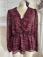 NWT Nicole Miller Women’s MEDIUM Dark Red Zebra Print Sheer Long Sleeve Top $88