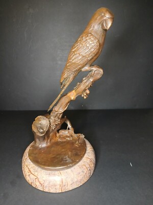 Bronze Sculpture of Parrot Perched on a Tree Branch with Marble Base