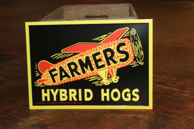 FARMERS HYBRID HOG PIG DEALER EMBOSSED METAL SIGN GAS OIL FARM BARN DEERE CORN