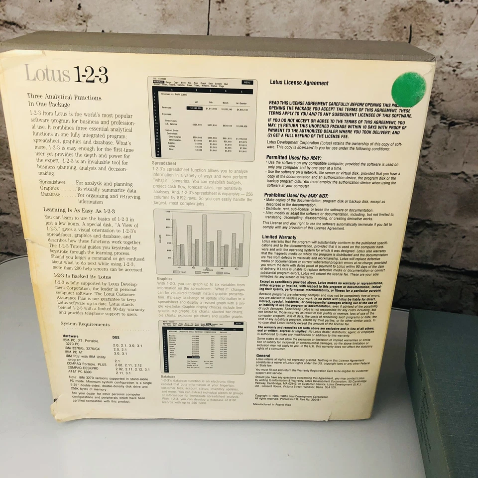 Lotus 1986 1-2-3 versión 2,01 3,5" disco software IBM 821412 hoja de cálculo siempre Foto 4 de 4