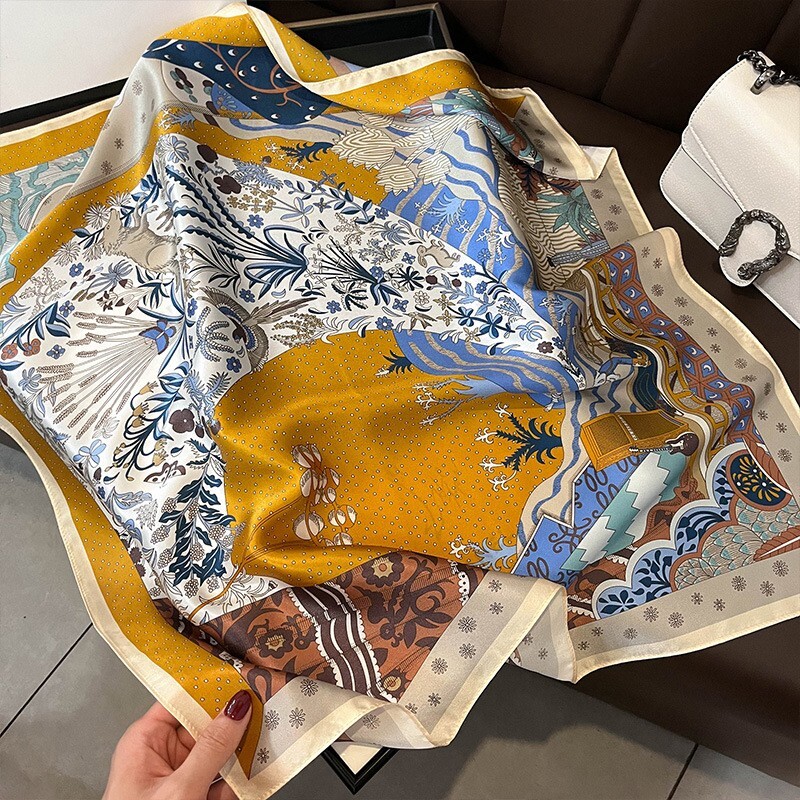 100% Silk Square Scarf Women Floral Headscarf Fashion Accessory Yellow Flowers 68cm