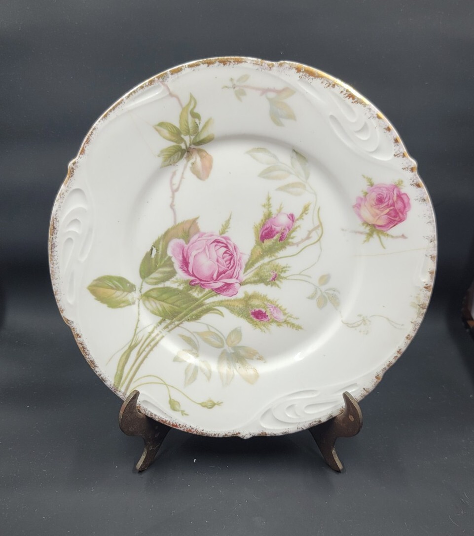 Vintage Royal Crown Pottery Racine Pink Roses Salad Plate w/Gold Trim