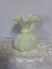 Fenton Satin Custard Glass Ruffled Edge Melon Vase Vintage Green Uranium Glow