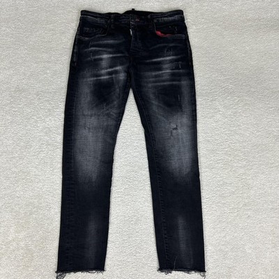 DSQUARED2 Jeans Mens 32 Black Tidy Biker Denim Distressed Button Fly Made Italy