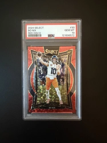 Bo Nix 2024 Panini Select Red Disco Prizm /49 Rookie RC PSA 10🔥 Broncos