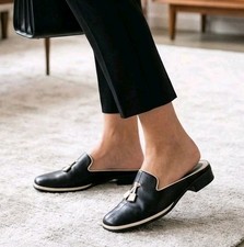Enzo Angiolini 90's McBeth Mules Women's 7.5 Leather Slip On Navy Tassels-Brazil