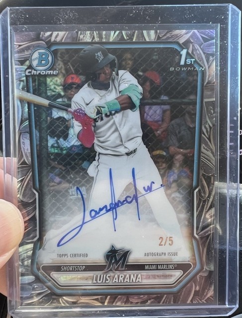 2026 1st Bowman Chrome Luis Arana Sunflower Seed Refractor Auto 2/5 Marlins