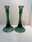 Vintage Indiana Glass Company Deep Emerald Green Stemmed Candle Holders Set of 2