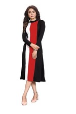 Women's Polycotton Colorblock Full Sleeve Knee Length Midi One Piece Dress