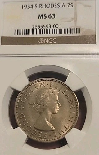 South Rhodesia 1954 2 Shillings Superb Gem BU NGC 65PQ KeyDate  Extremely Rare.